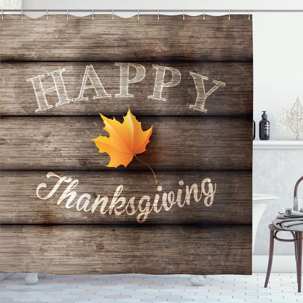 Lunarable Thanksgiving Shower Curtain, Greeting Text Typography Design Sketchy Hand Written with Maple Leaf, Cloth Fabric Bathroom Decor Set with Hooks, 69" W x 75" L, Umber Cream Marigold