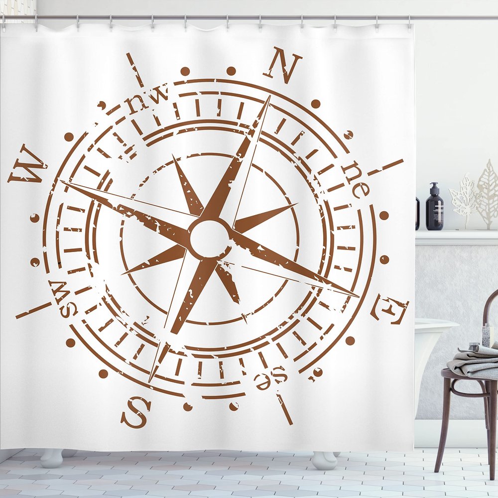 Ambesonne Compass Shower Curtain, Navigation Device of The Age of Discovery Windrose Faded Design Boating Control, Cloth Fabric Bathroom Decor Set with Hooks, 69" W x 75" L, Pale Brown