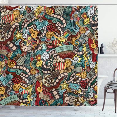 Ambesonne Hipster Shower Curtain, Cinema Items Combined in an Abstract Style Popcorn Movie Reel The End Theatre, Cloth Fabric Bathroom Decor Set with Hooks, 69" W x 75" L, Teal Redbrown