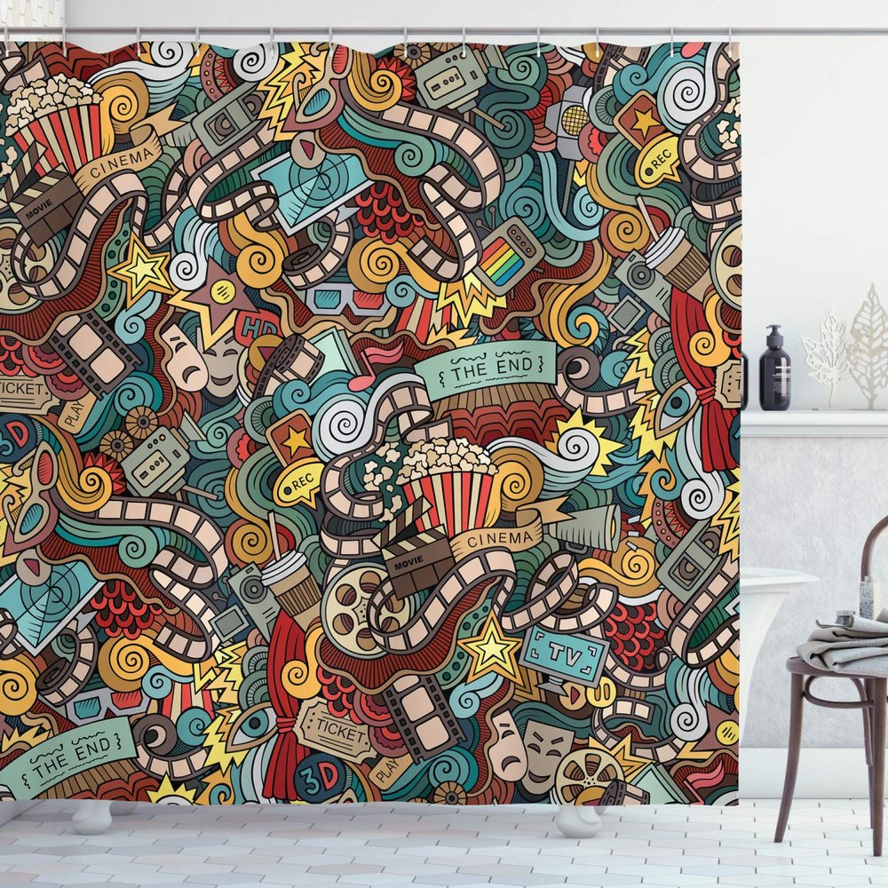 Ambesonne Hipster Shower Curtain, Cinema Items Combined in an Abstract Style Popcorn Movie Reel The End Theatre, Cloth Fabric Bathroom Decor Set with Hooks, 69" W x 75" L, Teal Redbrown