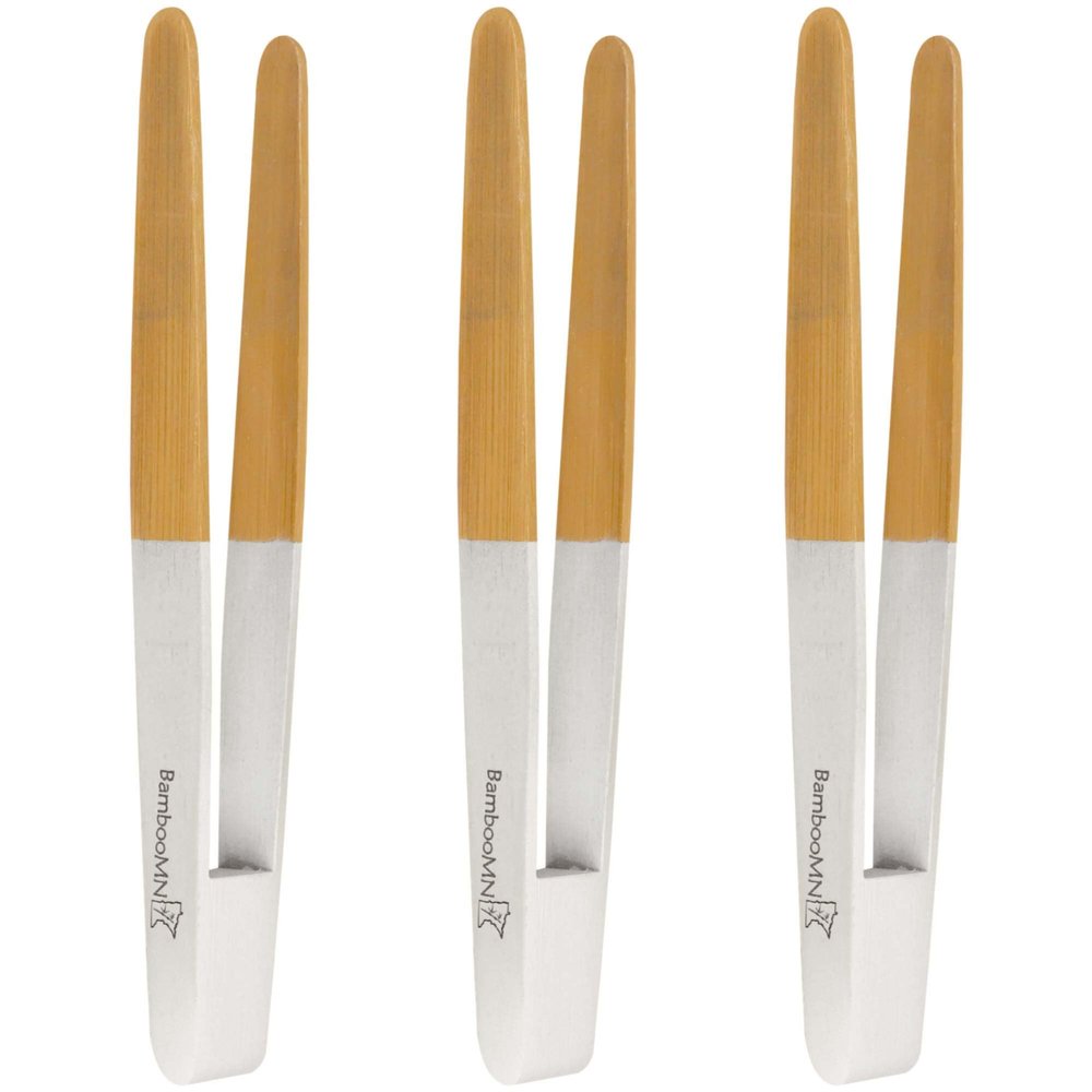 BambooMN Premium 7.9" Reusable Bamboo Kitchen "A" Toast Tongs For Cooking & Holding - White - 3 Pieces