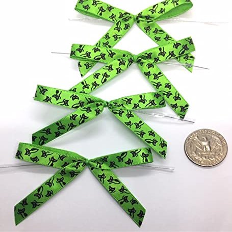 50 Pcs Satin Pre-tied Ribbon Bows with Removable clear twist ties for bag decoration in Halloween (Green Cat Bows)
