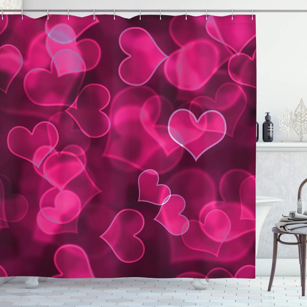 Ambesonne Hot Pink Shower Curtain, Heart Shapes on Blurry Background Romantic Valentine's Day Design, Cloth Fabric Bathroom Decor Set with Hooks, 69" W x 75" L, Magenta Hot Pink
