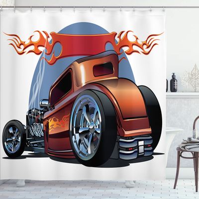 Ambesonne Cars Shower Curtain, Cartoon Hot Rod Antique Customized Classical American Engine Nostalgia Revival, Cloth Fabric Bathroom Decor Set with Hooks, 69" W x 70" L, Orange Blue Black