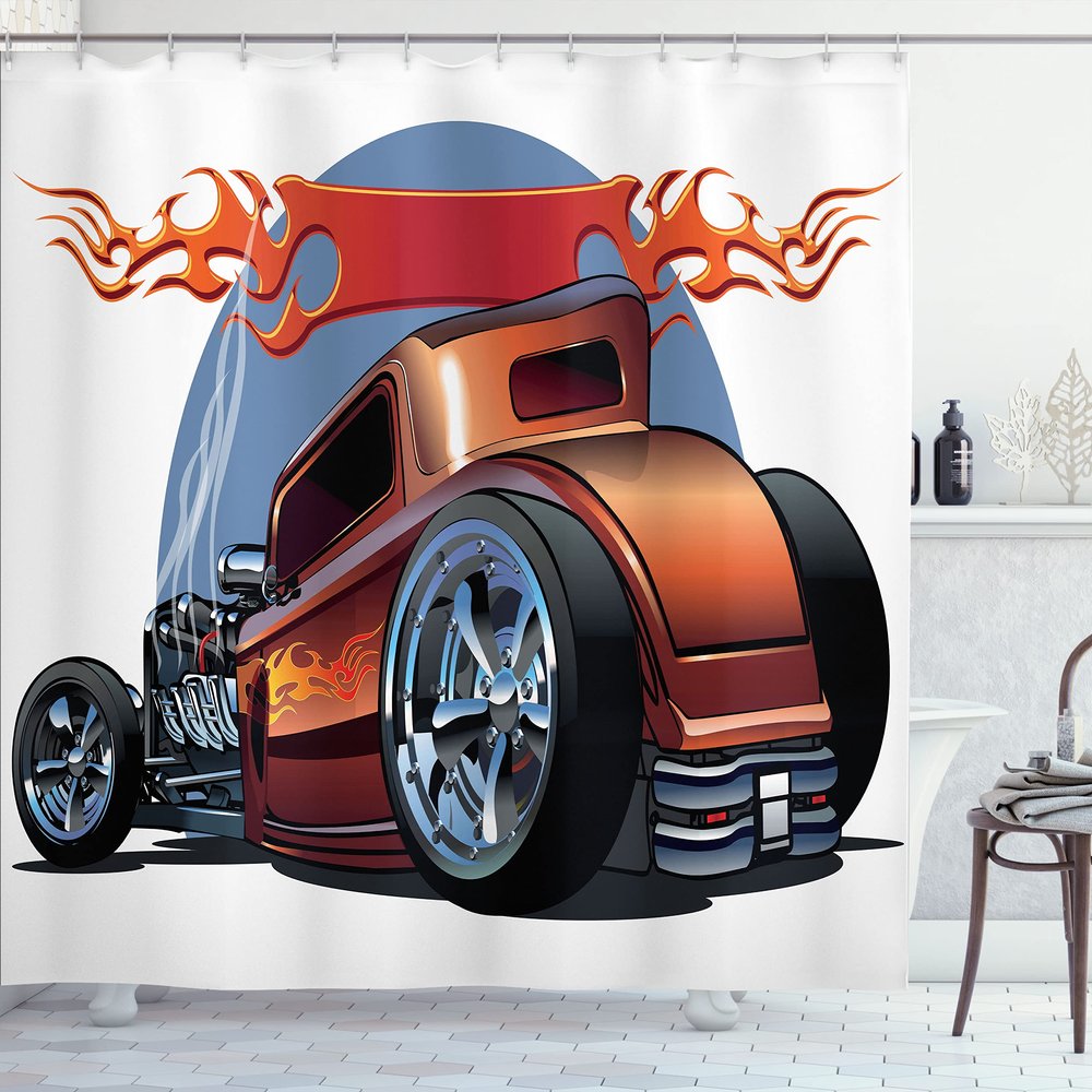 Ambesonne Cars Shower Curtain, Cartoon Hot Rod Antique Customized Classical American Engine Nostalgia Revival, Cloth Fabric Bathroom Decor Set with Hooks, 69" W x 70" L, Orange Blue Black