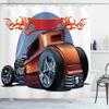 Ambesonne Cars Shower Curtain, Cartoon Hot Rod Antique Customized Classical American Engine Nostalgia Revival, Cloth Fabric Bathroom Decor Set with Hooks, 69" W x 70" L, Orange Blue Black view 1