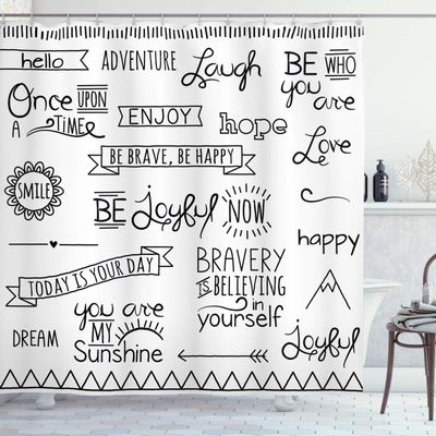 Ambesonne Adventure Shower Curtain, Wordings on Happiness with Monochrome Lettering Phrases on Plain Backdrop Print, Cloth Fabric Bathroom Decor Set with Hooks, 69" W x 75" L, White Black