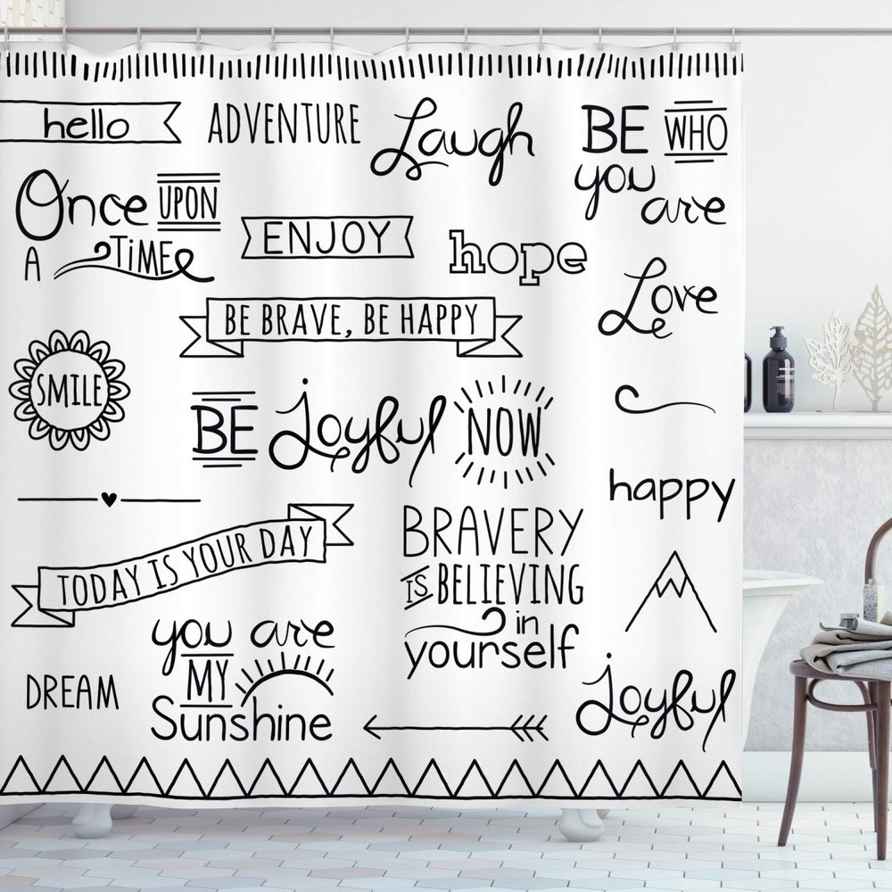Ambesonne Adventure Shower Curtain, Wordings on Happiness with Monochrome Lettering Phrases on Plain Backdrop Print, Cloth Fabric Bathroom Decor Set with Hooks, 69" W x 75" L, White Black