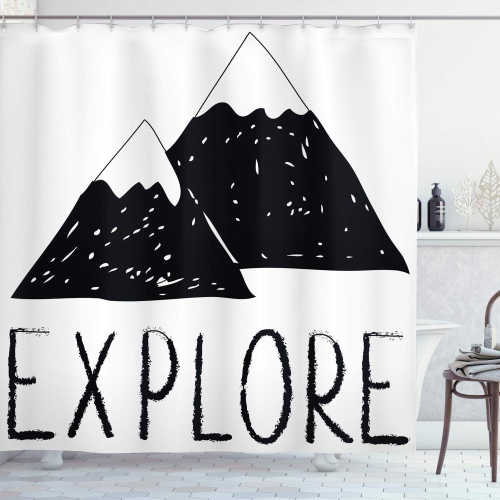 Ambesonne Adventure Shower Curtain, Explore Lettering Wild Forest Hand Drawn Simple Mountains Nature Theme, Cloth Fabric Bathroom Decor Set with Hooks, 69" W x 75" L, Black White