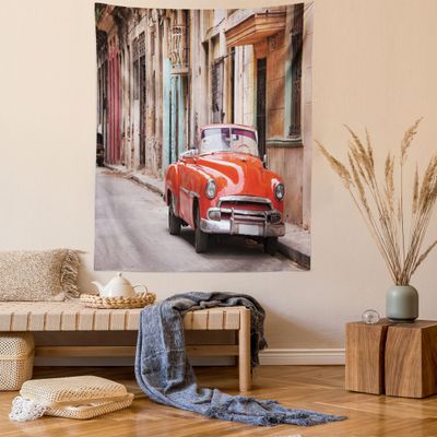 Ambesonne Cars Tapestry, Classical American Car in a Street with Houses Caribbeans Havana Cuba, Wall Hanging for Bedroom Living Room Dorm Decor, 60" X 80", Orange Sand Brown