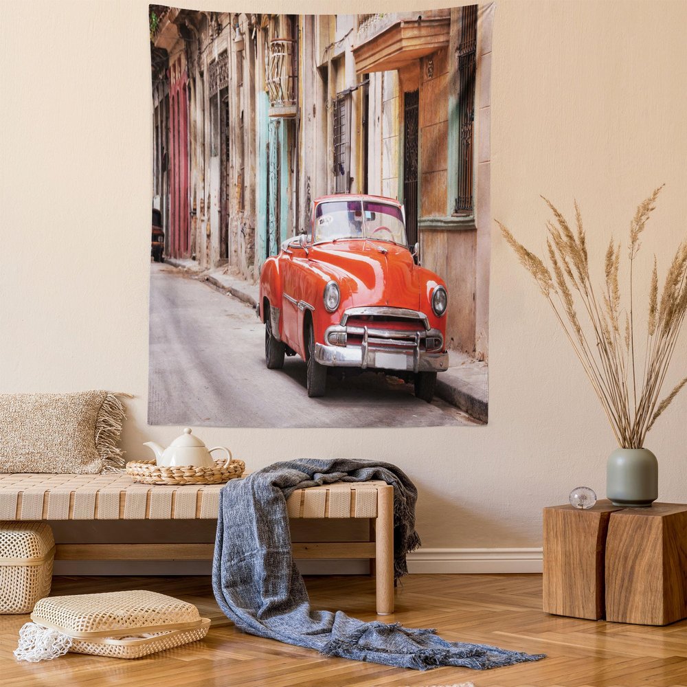 Ambesonne Cars Tapestry, Classical American Car in a Street with Houses Caribbeans Havana Cuba, Wall Hanging for Bedroom Living Room Dorm Decor, 60" X 80", Orange Sand Brown