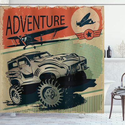Ambesonne Adventure Shower Curtain, Aged Damaged Display with Retro Elements Strong Vehicle and Airplanes Print, Cloth Fabric Bathroom Decor Set with Hooks, 69" W x 75" L, Tan Orange Green