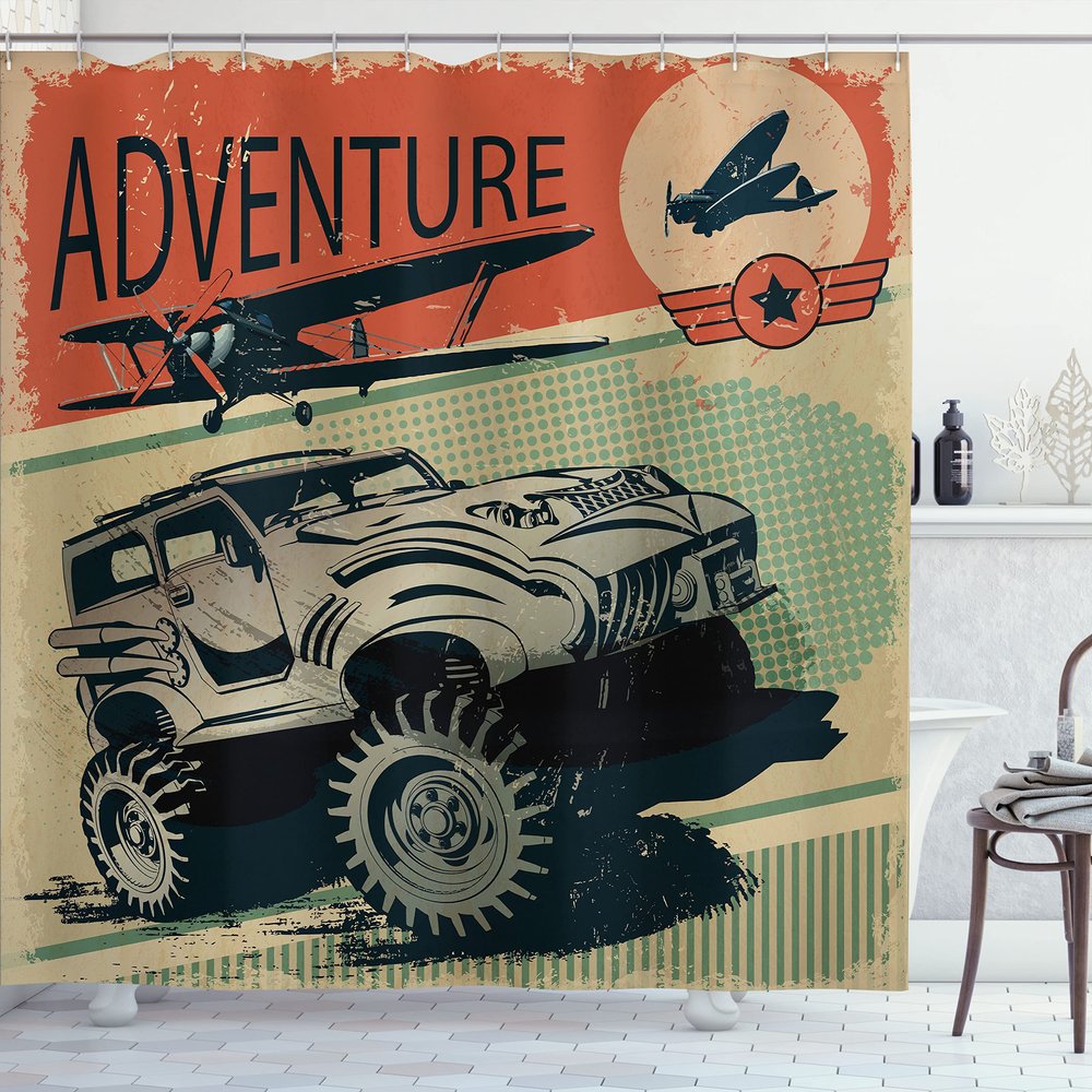 Ambesonne Adventure Shower Curtain, Aged Damaged Display with Retro Elements Strong Vehicle and Airplanes Print, Cloth Fabric Bathroom Decor Set with Hooks, 69" W x 75" L, Tan Orange Green