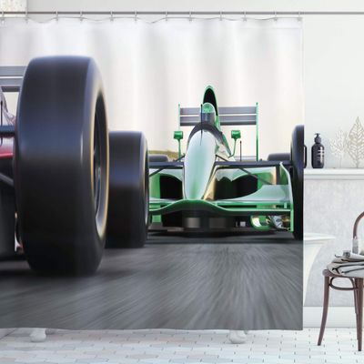 Ambesonne Cars Shower Curtain, Sports Theme Indy Vehicles on an Asphalt Road Motion Blur Formula Race Print, Cloth Fabric Bathroom Decor Set with Hooks, 69" W x 70" L, Green Grey