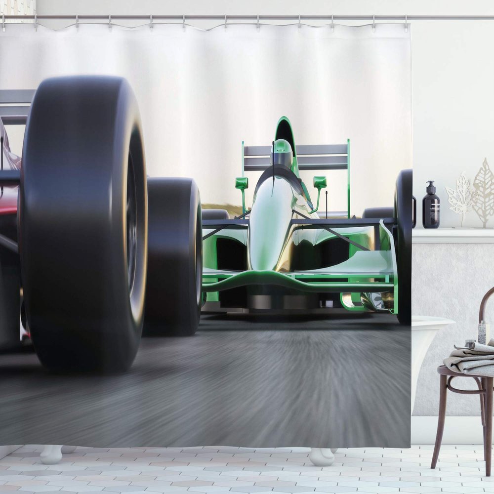 Ambesonne Cars Shower Curtain, Sports Theme Indy Vehicles on an Asphalt Road Motion Blur Formula Race Print, Cloth Fabric Bathroom Decor Set with Hooks, 69" W x 70" L, Green Grey