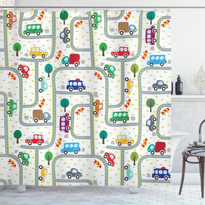 Ambesonne Cars Shower Curtain, Vibrant Drawing Cars Driving on The Roads Traffic Urban Themed Design, Cloth Fabric Bathroom Decor Set with Hooks, 69" W x 75" L, Apple Green Multicolor
