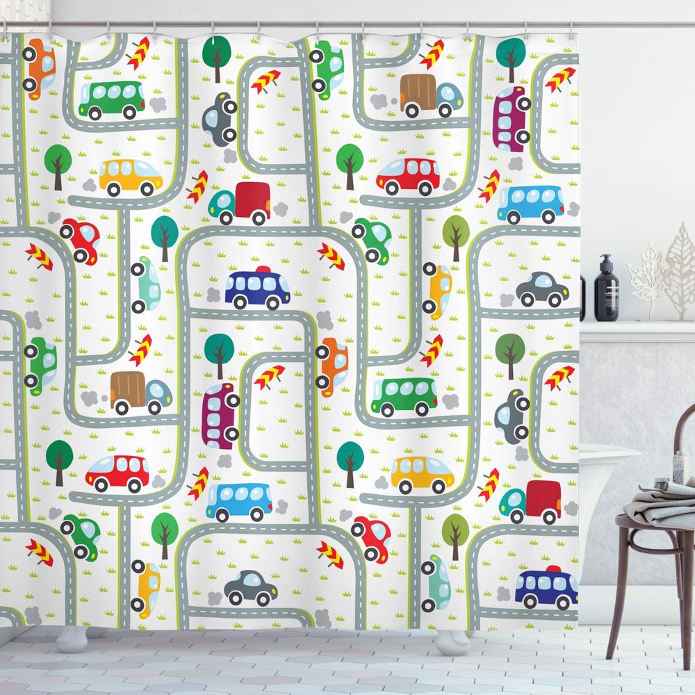 Ambesonne Cars Shower Curtain, Vibrant Drawing Cars Driving on The Roads Traffic Urban Themed Design, Cloth Fabric Bathroom Decor Set with Hooks, 69" W x 75" L, Apple Green Multicolor