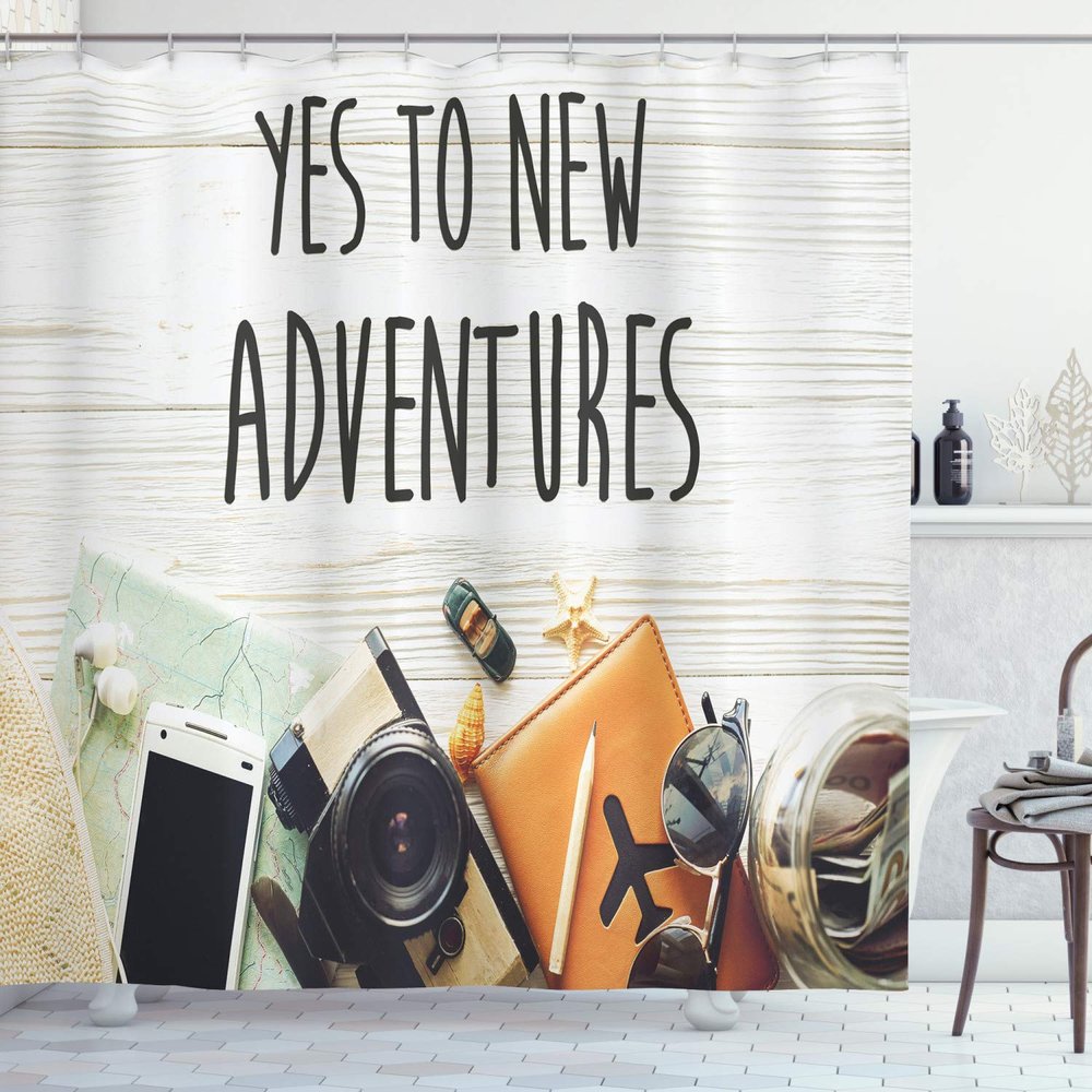 Ambesonne Adventure Shower Curtain, Say Yes to New Adventures Text Travel Preparations Theme Concept Retro Print, Cloth Fabric Bathroom Decor Set with Hooks, 69" W x 84" L, Multicolor
