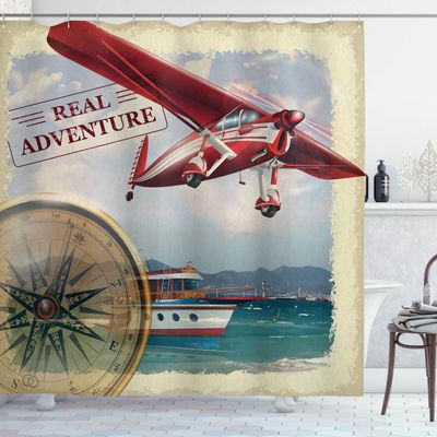 Ambesonne Saying Shower Curtain, Real Adventure Words Coastline and a Red Airplane Journey Travel Themed Art, Cloth Fabric Bathroom Decor Set with Hooks, 69" W x 84" L, Ruby Eggshell