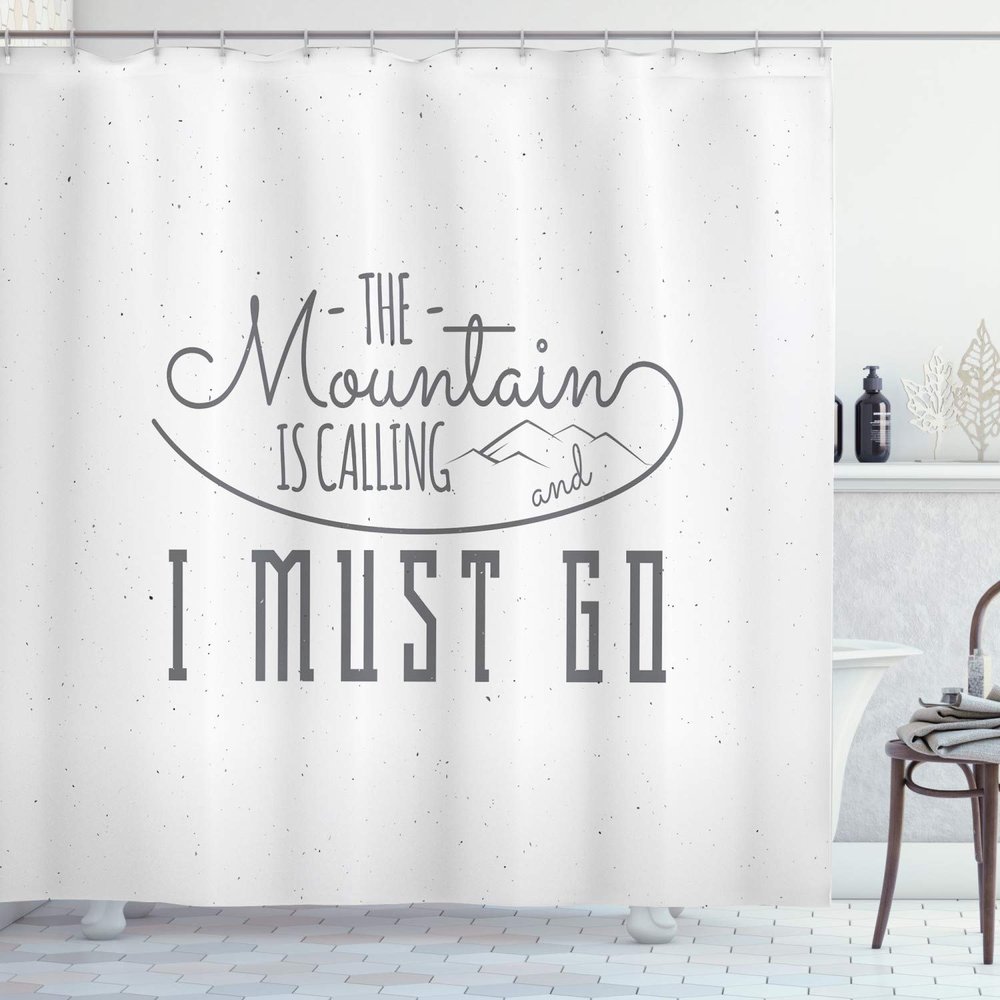 Ambesonne Adventure Shower Curtain, Inspirational Typography Design Hiking Woods Mountains Call of The Nature Theme, Cloth Fabric Bathroom Decor Set with Hooks, 69" W x 75" L, White Grey