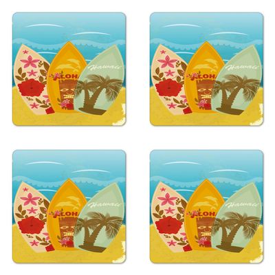 Ambesonne Tiki Bar Coaster Set of 4, Hawaiian Beach Surfboards on The Sand Exotic Summer Vacation Sport Vintage Style, Square Hardboard Gloss Coasters, Standard Size, Blue Mustard