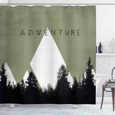 Ambesonne Adventure Shower Curtain, Forest with Halftone Effect Hipster Typography Camping in Mountains, Cloth Fabric Bathroom Decor Set with Hooks, 69" W x 75" L, Army Green