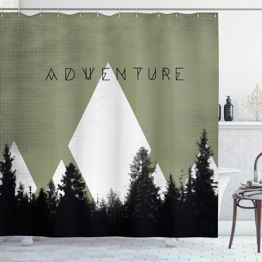 Ambesonne Adventure Shower Curtain, Forest with Halftone Effect Hipster Typography Camping in Mountains, Cloth Fabric Bathroom Decor Set with Hooks, 69" W x 75" L, Army Green
