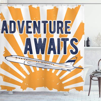Ambesonne Saying Shower Curtain, Commercial Airplane Rising Sun Adventure Words Aviation Journey Print, Cloth Fabric Bathroom Decor Set with Hooks, 69" W x 75" L, Navy Blue Orange
