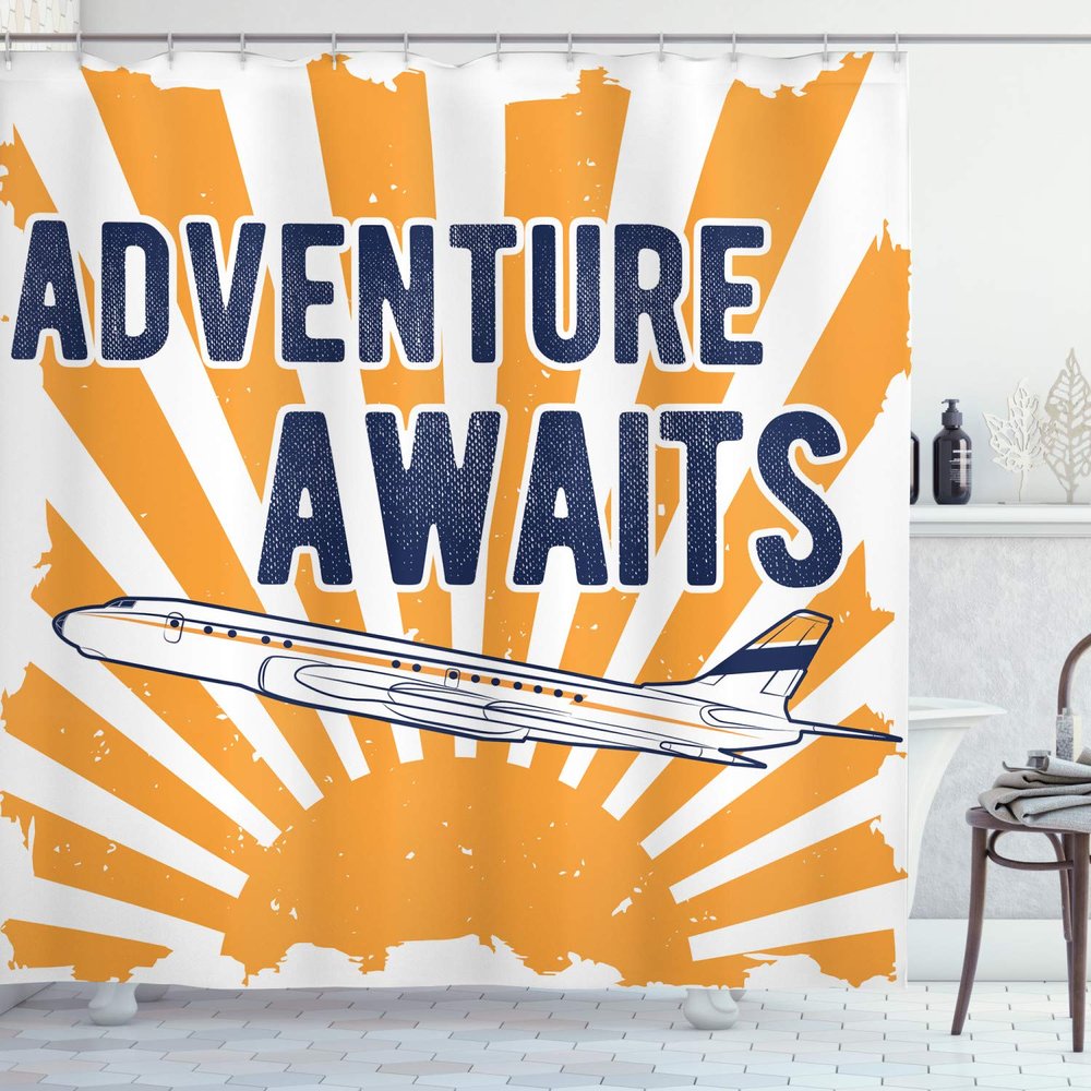 Ambesonne Saying Shower Curtain, Commercial Airplane Rising Sun Adventure Words Aviation Journey Print, Cloth Fabric Bathroom Decor Set with Hooks, 69" W x 75" L, Navy Blue Orange