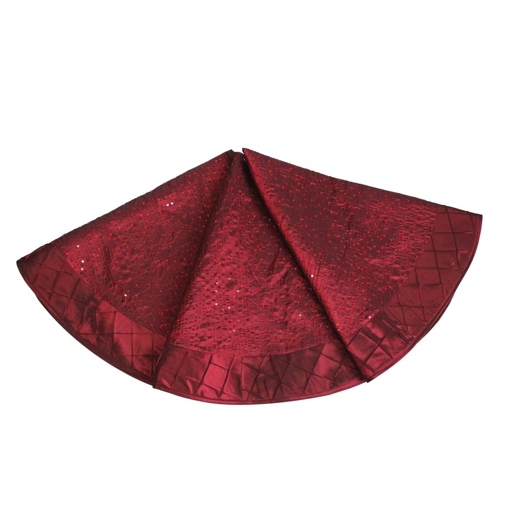 Gireshome 42" Burgundy Faux Silk Sparkle Glitter Sequin with Handcraft Pintuck Border Christmas Tree Skirt Xmas Tree Decoration Merry Christmas Supplies Christmas Decoration