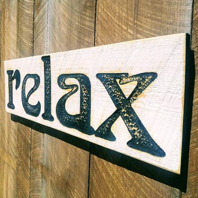 Relax Sign Horizontal - Carved in a Wood Board | Rustic Distressed | Farmhouse Style | Bathroom Spa Decor | Handmade in NC
