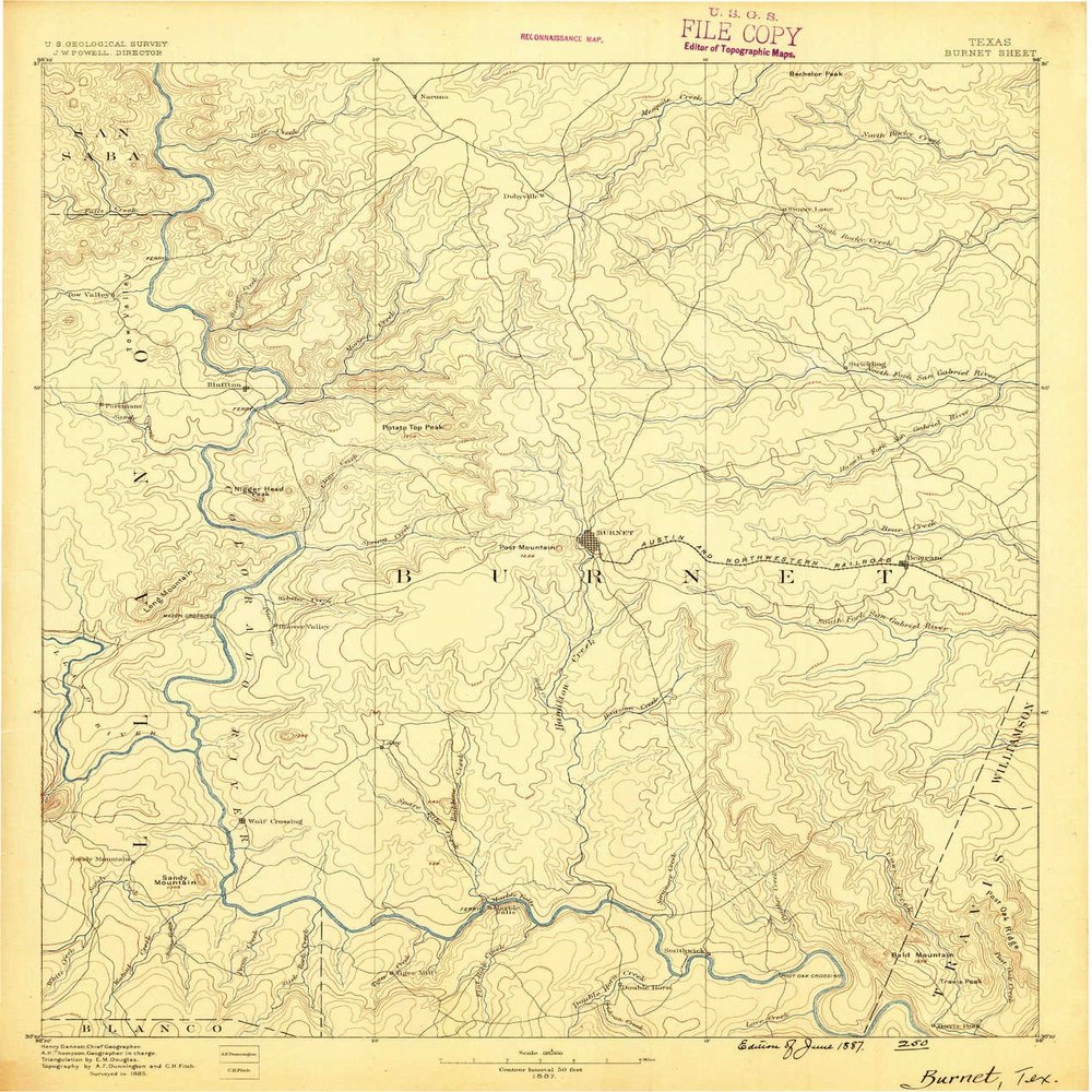 YellowMaps Burnet TX topo map, 1:125000 Scale, 30 X 30 Minute, Historical, 1887, 19.6 x 16.6 in - Polypropylene
