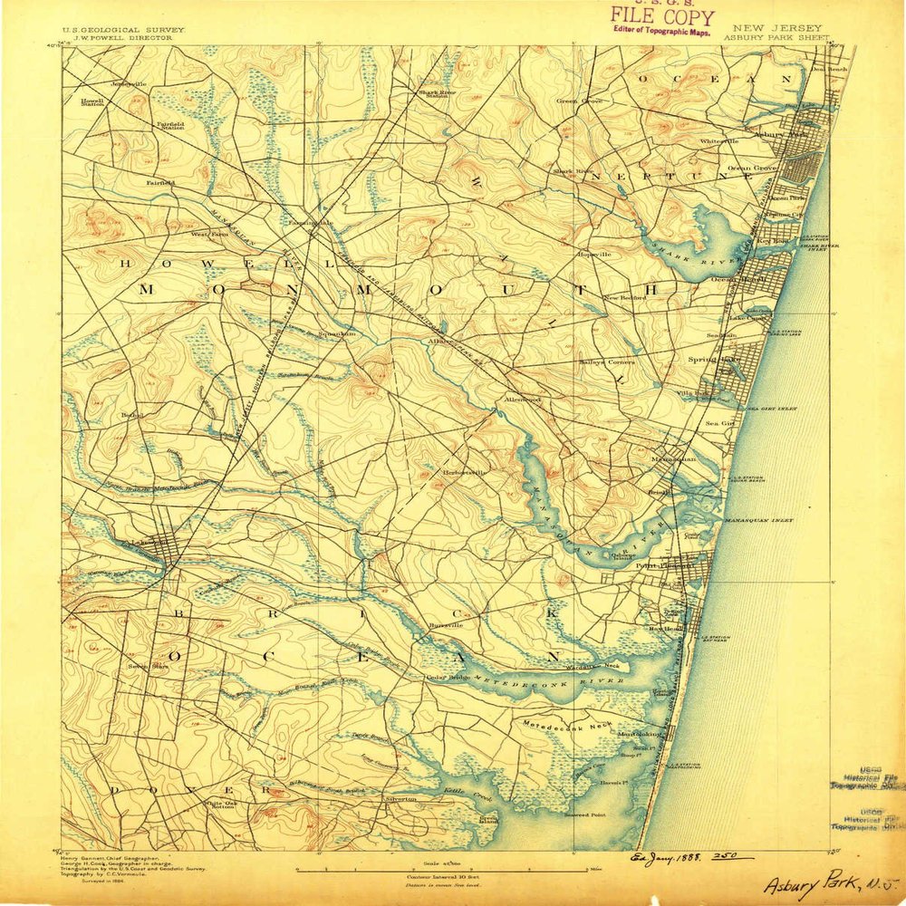 YellowMaps Asbury Park NJ topo map, 1:62500 Scale, 15 X 15 Minute, Historical, 1888, 19.7 x 15.9 in - Tyvek