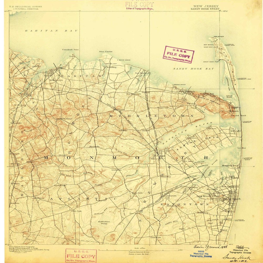 YellowMaps Sandy Hook NJ topo map, 1:62500 Scale, 15 X 15 Minute, Historical, 1888, 19.7 x 16.7 in - Polypropylene