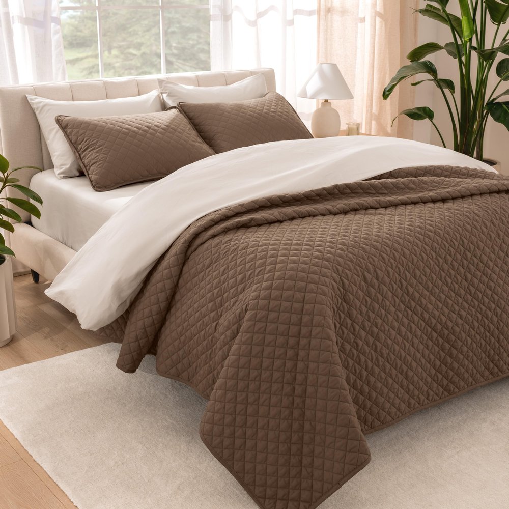 Bare Home Coverlet Set - Full/Queen - Lightweight Bed Decor - Comforter Alternative - All-Season Quilted Bedspread (Full/Queen, Cocoa)