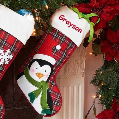 DIBSIES Personalized Plaid Christmas Stocking (Penguin)