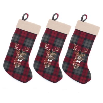 BambooMN 18" Classic Embroidered Sequined Animal Christmas Stocking - Reindeer - 3 Units