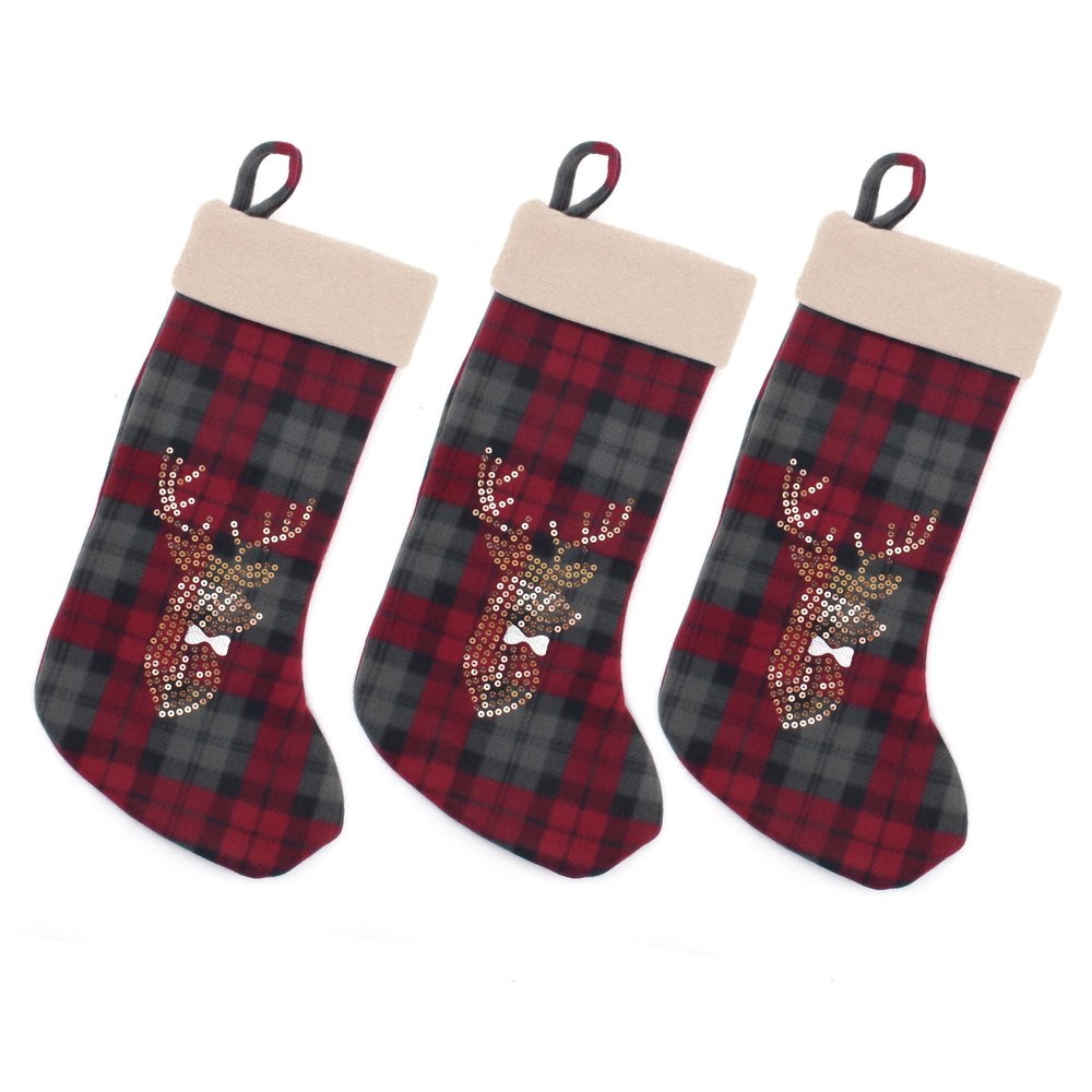 BambooMN 18" Classic Embroidered Sequined Animal Christmas Stocking - Reindeer - 3 Units