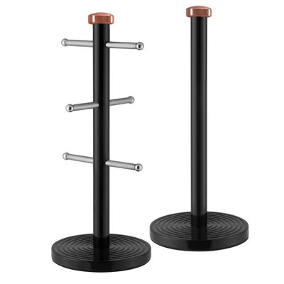 Tower T826002RB Linear Kitchen Roll Holder and Mug Tree with Weighted Base, Stainless Steel, Black and Rose Gold, 15 x 15 x 36.5 cm