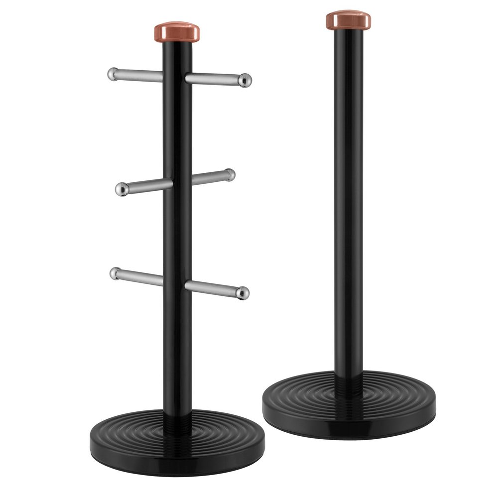 Tower T826002RB Linear Kitchen Roll Holder and Mug Tree with Weighted Base, Stainless Steel, Black and Rose Gold, 15 x 15 x 36.5 cm
