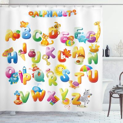 Ambesonne Science Shower Curtain, Cheerful Cartoon Fun Alphabet Design Font Design, Cloth Fabric Bathroom Decor Set with Hooks, 70 Long, Orange Multicolor