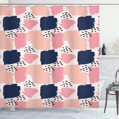 Ambesonne Navy and Blush Shower Curtain, Hand Painted Style Brushstrokes in Pastel Colors Abstract Pattern, Cloth Fabric Bathroom Decor Set with Hooks, 69" W x 75" L, Blue Pastel Pink