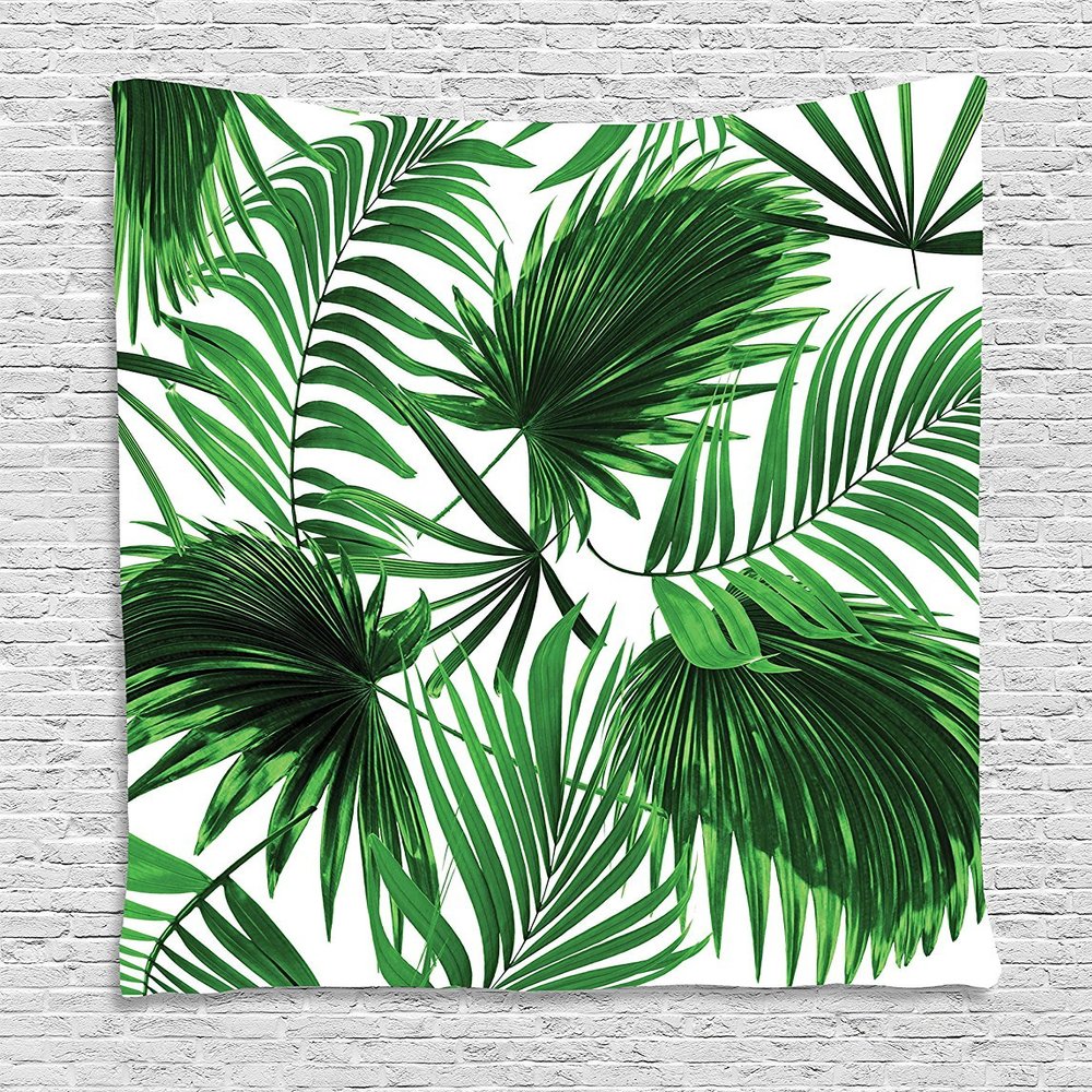 Ambesonne Palm Leaf Tapestry, Realistic Vivid Leaves of Palm Tree Growth Ecology Botany Themed Print, Wall Hanging for Bedroom Living Room Dorm Decor, 60" X 80", White Fern Green