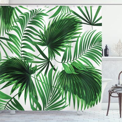 Ambesonne Palm Leaf Shower Curtain, Realistic Vivid Leaves of Palm Tree Growth Ecology Botany Themed Print, Cloth Fabric Bathroom Decor Set with Hooks, 69" W x 70" L, Fern Green White