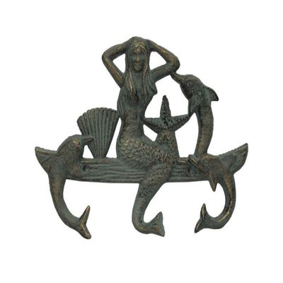 Hampton Nautical G-54-755-BRONZE Cast Iron Mermaid with Dolphin Hooks, Rustic Bronze, 9"