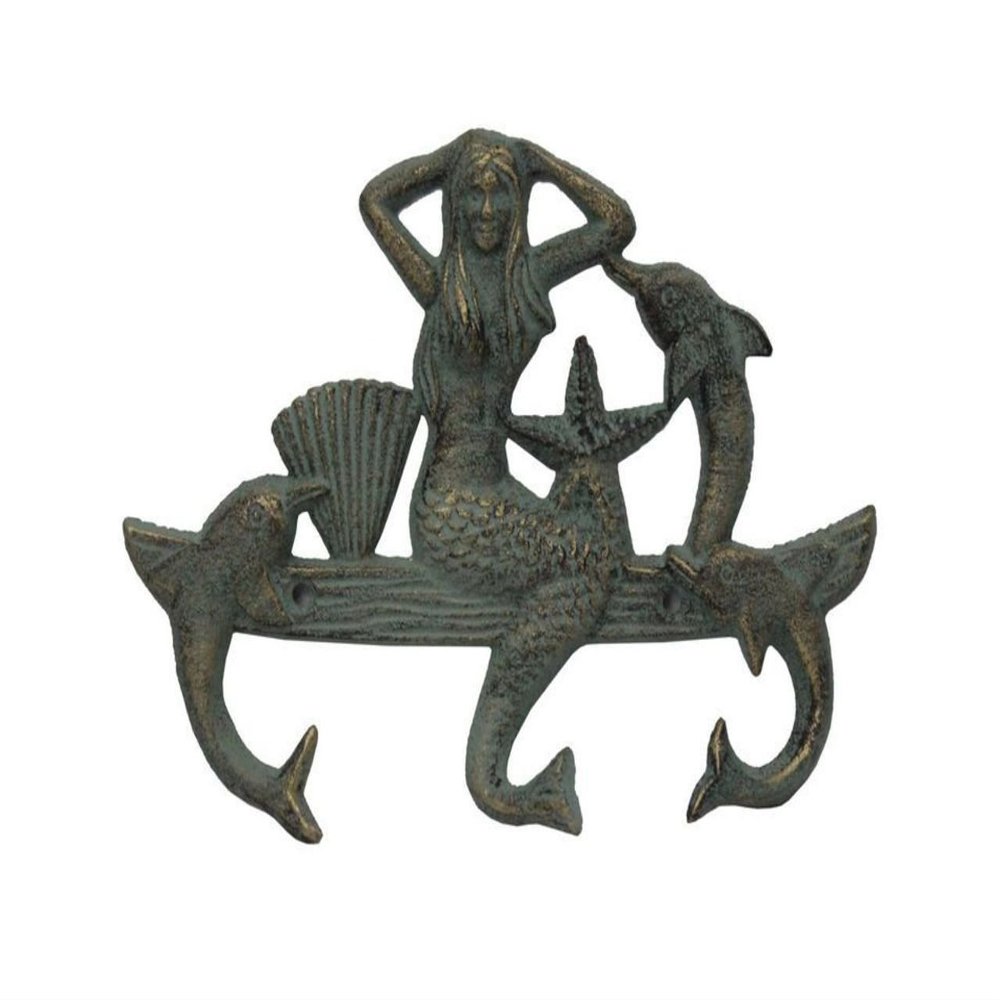 Hampton Nautical G-54-755-BRONZE Cast Iron Mermaid with Dolphin Hooks, Rustic Bronze, 9"