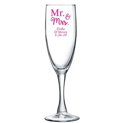 Personalized Color Printed Champagne Flute - Mr & Mrs - Fuchsia - 24 pack