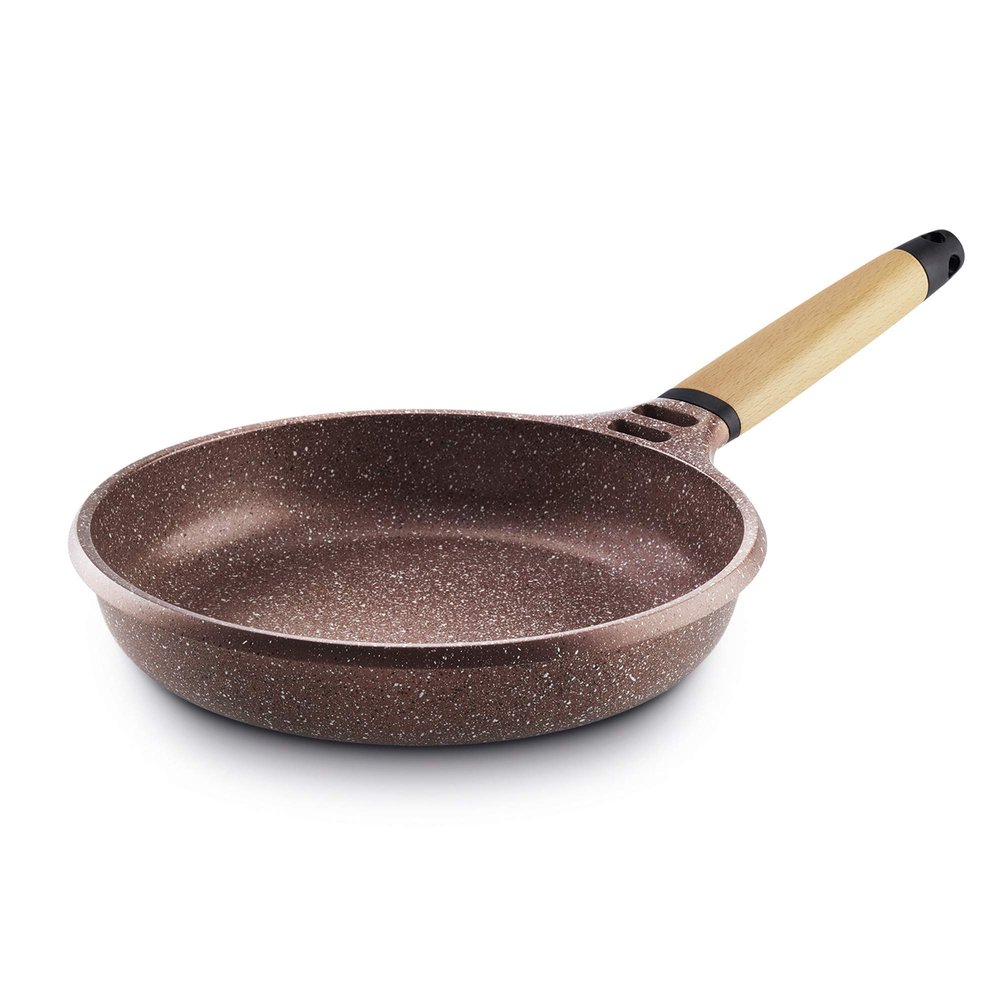 Castey Y24 Terracotta Full Induction Fry Pan with Wooden Handle, 24 cm, Cast Aluminium Brown/Beige