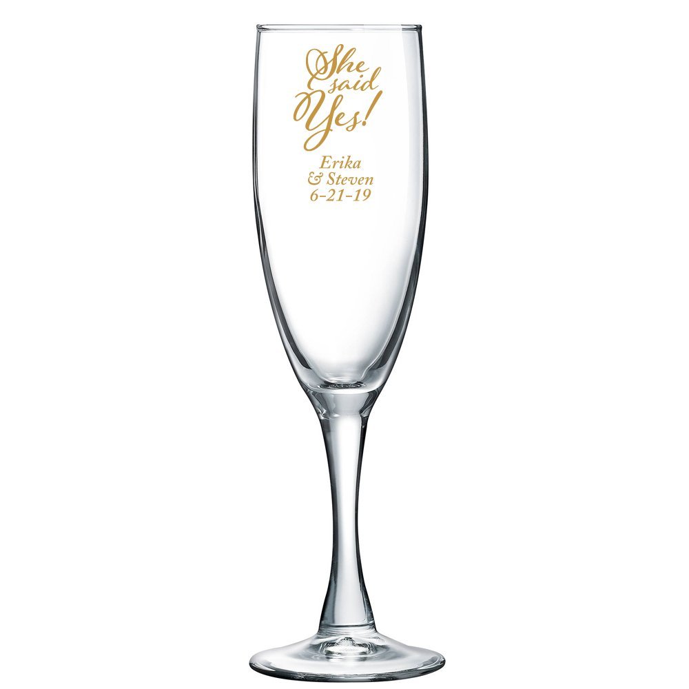 Personalized Color Printed Champagne Flute - She Said Yes - Gold - 24 pack