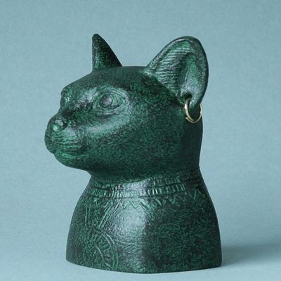 Parastone Bastet Cat Egyptian Bust with Earrings and Solar Disc Small Statue 3.4H